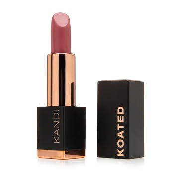 An image of a black and rose gold Satin lipstick tube with the cap beside it. The tube reads Kandi and the cap reads Koated. The color is You Need Me, a creamy warm mauve.